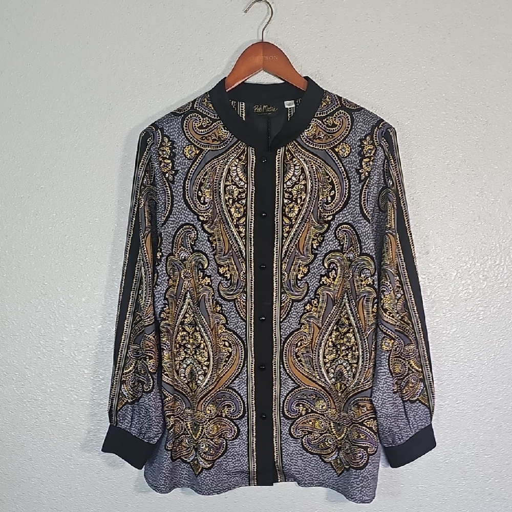 Bob Mackie Black and Gold Paisley Button Down Shirt.